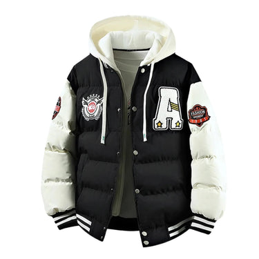 Black and white varsity jacket with patches on a white background